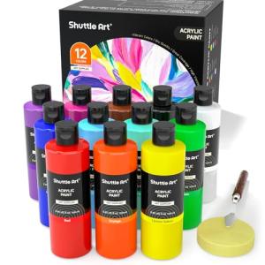 Shuttle Art 12 Colors Acrylic Paint, 250ml/8.45oz Bottles Acrylic Paint Set, Rich Pigments, Bulk Painting Supplies for Artists, Beginners and Kids Painting on Rocks Crafts Canvas Wood