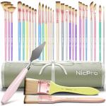 Nicpro 30pcs Paint Brush Set, Aesthetic Pastel Paintbrushes with Paint Spatula and Cloth Roll, Craft Paint Brushes for Acrylic Painting Oil Watercolor Gouache, Art Supplies for Artists and Beginners