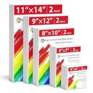 Simetufy 10 Pcs Stretched Canvas for Painting Multi Size 2 of Each 4x4, 5x7, 8x10,9x12, 11x14, 380g/m2 Heavy-Weight Art Canvas 5/8" Profile for Oil Paint, Acrylic Pouring