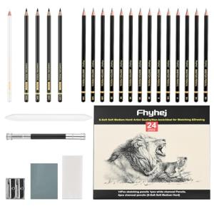 Fhyhej Drawing Sketching Pencil Set 24 Piece Pro Art Pencil Kit - Graphite Pencils (14B-4H), Black and White Charcoal Pencils, Charcoal Sticks, Stumps, Eraser, Sharpeners for Beginners & Pro Artists