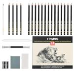 Fhyhej Drawing Sketching Pencil Set 24 Piece Pro Art Pencil Kit - Graphite Pencils (14B-4H), Black and White Charcoal Pencils, Charcoal Sticks, Stumps, Eraser, Sharpeners for Beginners & Pro Artists