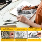 Fhyhej Drawing Sketching Pencil Set 24 Piece Pro Art Pencil Kit - Graphite Pencils (14B-4H), Black and White Charcoal Pencils, Charcoal Sticks, Stumps, Eraser, Sharpeners for Beginners & Pro Artists