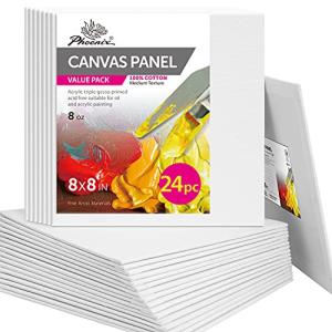PHOENIX Painting Canvas Panels 8x8 Inch, 24 Bulk Pack - 8 Oz Triple Primed 100% Cotton Acid Free Square Canvas Boards for Painting, White Blank Flat Canvas Boards for Acrylic, Oil Paints