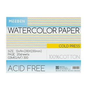 MEEDEN Watercolor Paper Block, 100% Cotton Watercolor Paper Pad of 20 Sheets, 140lb/300gms, Acid-Free Art Paper for Watercolor, Gouache, Ink and More, 9" x 12" Cold Press