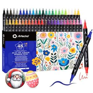 Artecho Acrylic Paint Markers 48 Colors, Acrylic Paint Pens with Brush Tip and Fine Tip for Stone, Rock Painting, Paper, Pumpkin, Wood, Egg, Canvas, Ceramic, Fabric, leather, Glass, DIY Crafts