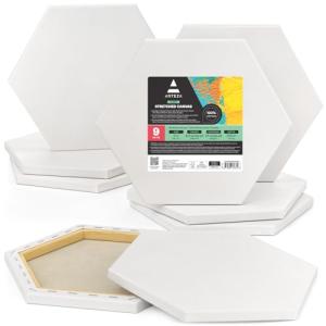 ARTEZA Hexagonal Stretched Canvas, 6 Inch Side, Pack of 9, Blank White Canvas Boards for Acrylic, Oil and Gouache Painting