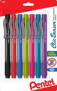 Pentel Clic Eraser, Retractable Pen Style Grip - Pack of 7 Assorted Colored Pencil Erasers for Art, Drafting & Sketching