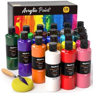 Nicpro 18 Colors Large Acrylic Paint Set, 8.45 fl oz./ 250 ml Artist Painting Supplies Bulk Non-Toxic For Multi Surface Canvas, Wood, Fabric, Leather, Cardboard, Paper, Crafts, Hobby with Color Wheel