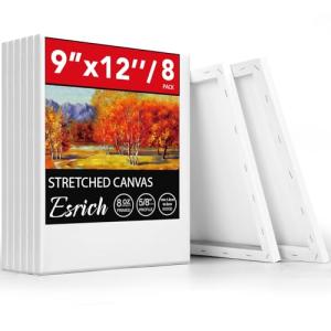 ESRICH Stretched Canvas for Painting, 8 Pack 9x12 Inch Canvas Value Pack,Primed Acid-Free Cotton Blank Canvases, Painting Canvas for Oil & Acrylic Paint.