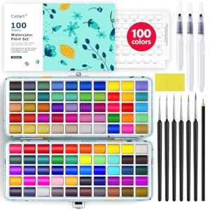 Caliart Watercolor Paint Set, 100 Colors Portable Travel Water Color Palette Kit with Detail Painting Brush, Art Supplies Christmas Gifts for Artists Adults Teen Girls Boys Beginners