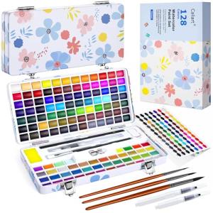 128 Colors Washable Watercolor Paint Set with 4 Brushes, Portable Travel Water Color Kit with Carrying Case, Palette and Accessories, Non-Toxic Art Supplies Gift for Artists Adult Teen Kids Girls Boys