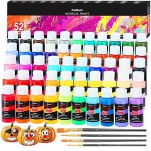 Caliart Acrylic Paint Set With 4 Brushes, 52 Colors (59ml, 2oz) Art Craft Paints for Artists Kids Students Beginners & Painters, Canvas Halloween Pumpkin Ceramic Wood Rock Painting Art Supplies Kit