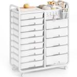 SYKIARIOL 14 Drawer Rolling Cart with Tabletop & DIY Pegboard, Storage Cart with Wheels, Classroom Organizers Utility Cart for Office Home School, Art Supplies, Mobile Craft Organizer, White