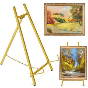 WRINGKIT Gold Tabletop Easel Stand, 16.5" Metal Picture Art Stand, Tripod Mirror Plate Stand Holder, Freestanding Easel Stand for Wedding Sign, Display Photo, Collectibles