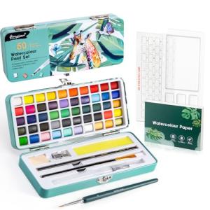 Prudiut Watercolor Paint Set, 50 Colors, Watercolor Set with Watercolor Paper, Palette, Brushes, Ideal for Adults Kids Beginners Artists