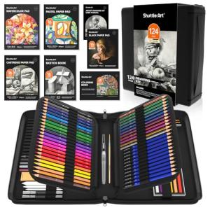 Shuttle Art 124 PCS Drawing Kit, Professional Drawing Supplies with Sketch, Charcoal, Colored, Graphite, Pastel Pencils & Sticks, Complete Drawing Tools and Paper Pads in Zipper Case for Artists&Kids