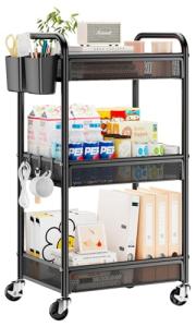 YASONIC 3 Tier Rolling Cart – Metal Utility Storage Cart with Wheels, Craft Cart Organizer with Hanging Cups, Hooks, Mesh Basket for Bedside Kitchen Office Art, Black