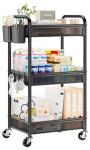 YASONIC 3 Tier Rolling Cart – Metal Utility Storage Cart with Wheels, Craft Cart Organizer with Hanging Cups, Hooks, Mesh Basket for Bedside Kitchen Office Art, Black