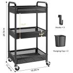 YASONIC 3 Tier Rolling Cart – Metal Utility Storage Cart with Wheels, Craft Cart Organizer with Hanging Cups, Hooks, Mesh Basket for Bedside Kitchen Office Art, Black