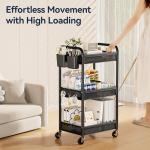 YASONIC 3 Tier Rolling Cart – Metal Utility Storage Cart with Wheels, Craft Cart Organizer with Hanging Cups, Hooks, Mesh Basket for Bedside Kitchen Office Art, Black
