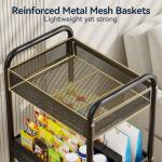 YASONIC 3 Tier Rolling Cart – Metal Utility Storage Cart with Wheels, Craft Cart Organizer with Hanging Cups, Hooks, Mesh Basket for Bedside Kitchen Office Art, Black