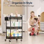 YASONIC 3 Tier Rolling Cart – Metal Utility Storage Cart with Wheels, Craft Cart Organizer with Hanging Cups, Hooks, Mesh Basket for Bedside Kitchen Office Art, Black