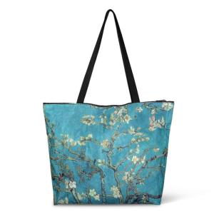 Jolamirel Almond Blossom Foldable Tote Bag with Zipper Large Capacity, Oil Painting Art Waterproof Paper Handbag Gym Bag Travel Purses Bag, Art Lover Gift