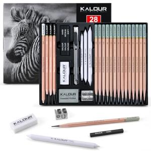 KALOUR 28 Pro Sketching Drawing Pencils Set – 14 Graphite Pencils (14B–5H), Charcoal Pencils, Erasers, Sharpener & Stumps – Complete Art Kit for Artists & Beginner