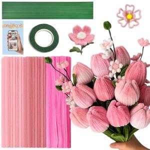 URSDIART 311pcs Pipe Cleaners Flowers,300 Pink Pipe Cleaners Crafts Pastel Chenille Stems Bulk 10 Flower Stems Green Tape, Art and Craft Projects Supplies for Classroom Project,Decoration