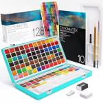 CHROMATEK Watercolor Paint Set – 128 Vibrant Colors for Artists & Beginners with Palette – Includes Metallic, Fluorescent, Pastel & Opaque Shades, Brushes, Pad, Swatch Sheets & Travel Case