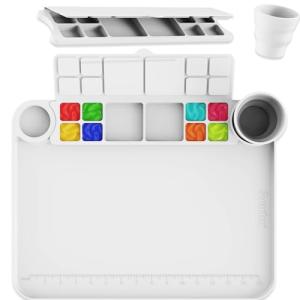 Svartur Silicone Painting Mat with Cup and Palette Removable, 17"X13" Thick Silicone Art Mat for Craft with Raised Edge for Resin DIY Making, White