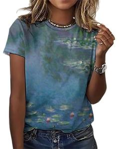 joo meryer Women's Art Oil Painting Starry Night Short Sleeve Loose Fit T-Shirts Tunic Top,Monet Water Lilies,2XL