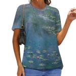 joo meryer Women's Art Oil Painting Starry Night Short Sleeve Loose Fit T-Shirts Tunic Top,Monet Water Lilies,2XL