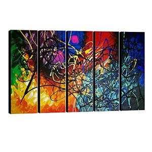 Wieco Art Colorful Abstract Heart Oil Paintings on Canvas Wall Art Ready to Hang for Living Room Bedroom Home Office Decorations Modern 5 Panel 100% Hand Painted Stretched and Framed Artwork