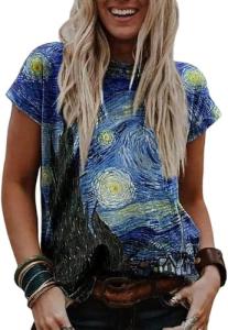 Starry Sky Night Oil Painting Women's Shirt Novelty Flower Graphic Tee with Vintage Short Sleeves for Art Lovers