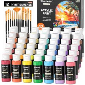 Shuttle Art Acrylic Paint, 42 Colors Acrylic Paint Set with 12 Brushes, 2oz/60ml Bottles, Rich Pigmented, Water Proof, Premium Paints for Artists, Beginners and Kids on Canvas Rocks Wood Ceramic