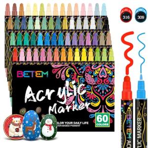 Betem 60 Colors Dual Tip Acrylic Paint Pens Markers, Premium Acrylic Paint Pens Stocking Stuffers for Rock Painting, Wood, Canvas, Glass, Ceramic Surfaces, Christmas Gifts for Teens DIY Art Supplies