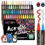 Betem 60 Colors Dual Tip Acrylic Paint Pens Markers, Premium Acrylic Paint Pens Stocking Stuffers for Rock Painting, Wood, Canvas, Glass, Ceramic Surfaces, Christmas Gifts for Teens DIY Art Supplies