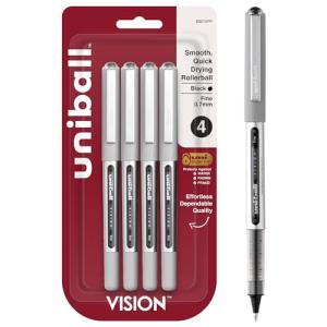uni-ball Vision Stick Roller Ball Pens, Fine Point, Black Ink, Pack of 4