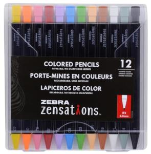Zebra Zensations Mechanical Colored Pencils, 2.0mm Point Size, Assorted Colored Lead, 12-Count