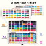 Watercolor Paint Set 100 Colors botkc Travel Water Colors kit with 7 Brushes 8 Watercolor papers Palette set Including Metallic and Accessories Art Supplies Gifts for Kids Artists Teens Adults and Hobbyists