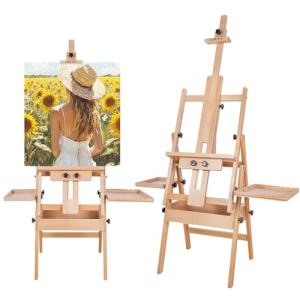 Somime Large Horizontal Wooden H-Frame Studio Easel with Storage Drawer and Palettes, Solid Beechwood Painting Easel for Students, Beginners, and Artists, Hold Canvas to 50Inches High