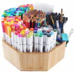 walowalo Bamboo Rotating Art Supply Organizer Holds 800+ Pencils Spinning Crayon 160 Marker Organzier Holder Christmas Gift Desk Brush Storage for Office Classroom Organization Stationary (Larger VER)