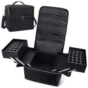 Deciniee Large Makeup Travel Train Case, Upgraded Plus Size Nail Supply Organizers and Storage for Nail Tech, Black 4 Tier Cosmetic Train Case Makeup Box, Nail Polish Makeup Organizer and Storage Bag