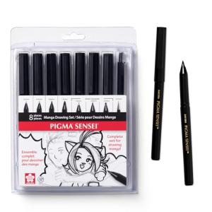 Sakura Pigma Sensei Manga Drawing Kit - Archival Black Ink Pens - Pens for Drawing Manga, Cartoon, & More - Assorted Nib Sizes - 8 Pack