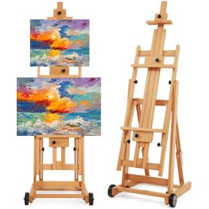 VISWIN Collapsible H-Frame Easel, Hold 1 or 2 Canvas up to 78", Tilting Flat & Adjustable Beech Wood Art Easel for Adults with Wheels, Large Artist Easel Stand for Painting - Natural