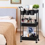 3-Tier Utility Rolling Cart,Mobile Utility Cart with Lockable Caster Wheels,Storage Shelves Organizer Cart, 3 Hanging Baskets, Easy Assembly,for Bathroom, Kitchen, Office, Workshop