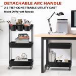 3-Tier Utility Rolling Cart,Mobile Utility Cart with Lockable Caster Wheels,Storage Shelves Organizer Cart, 3 Hanging Baskets, Easy Assembly,for Bathroom, Kitchen, Office, Workshop