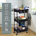 3-Tier Utility Rolling Cart,Mobile Utility Cart with Lockable Caster Wheels,Storage Shelves Organizer Cart, 3 Hanging Baskets, Easy Assembly,for Bathroom, Kitchen, Office, Workshop