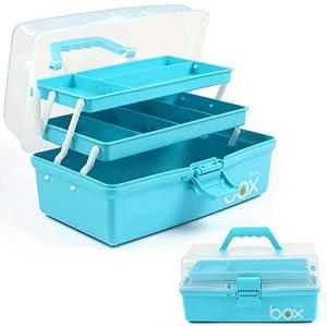 TERGOO 12in 3-Layer Plastic Craft Organizers and Storage, Portable Folding Tackle Box with Handle & Adjustable Dividers, Multipurpose Case for Sewing, Art Supplies, Medicine, Tools (Blue)